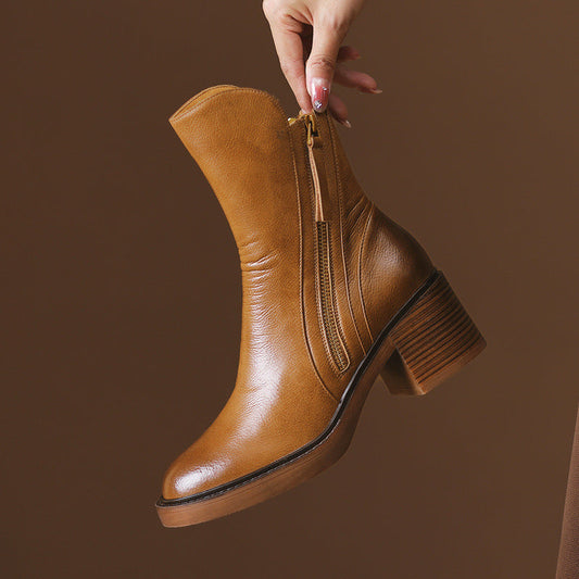 Vessara Vegan Leather Block-Heel Boots — Comfortable Zippered Fall Footwear