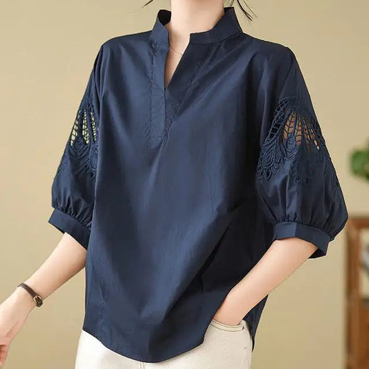 Celinora — Soft Linen Blend Floral Sleeve Top with V-Notch Neckline