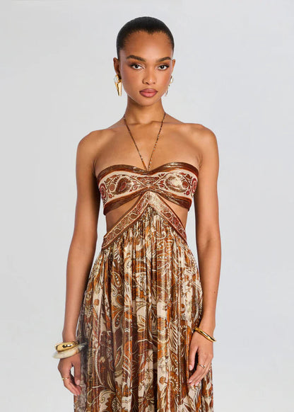 Elara — Boho Paisley Maxi Dress with Twist-Front Bandeau
