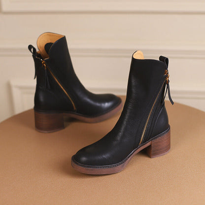 Vessara Vegan Leather Block-Heel Boots — Comfortable Zippered Fall Footwear