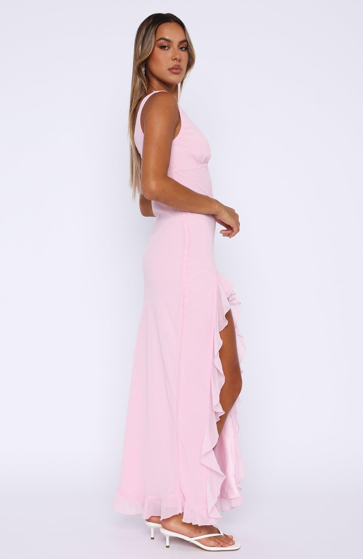 Sophina — Elegant Maxi Dress with Plunge Neckline and Frill Hem