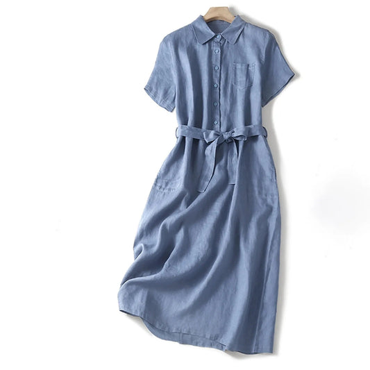 Liora Linen Dress — Breathable Collared Midi with Adjustable Belt