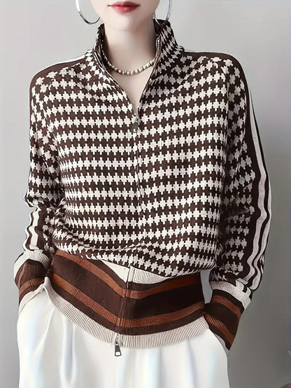 Zevran — Houndstooth Knit Sweater with Full Zip and High Collar