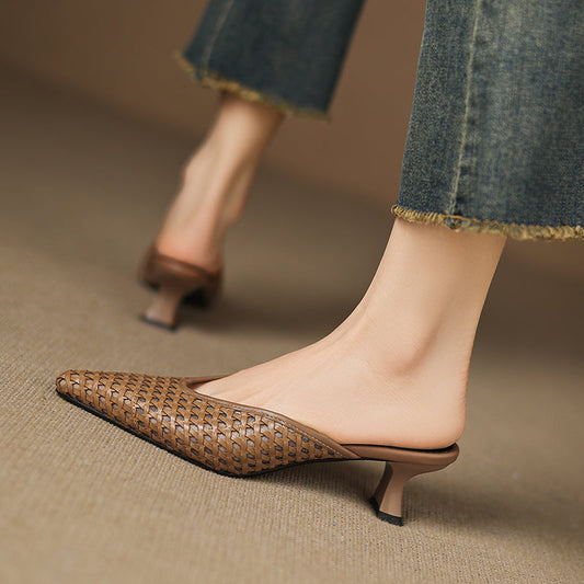 Calina — Genuine Leather Woven Heels with Cushioned Insole