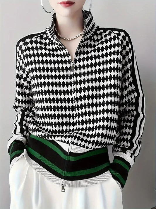 Zevran — Houndstooth Knit Sweater with Full Zip and High Collar