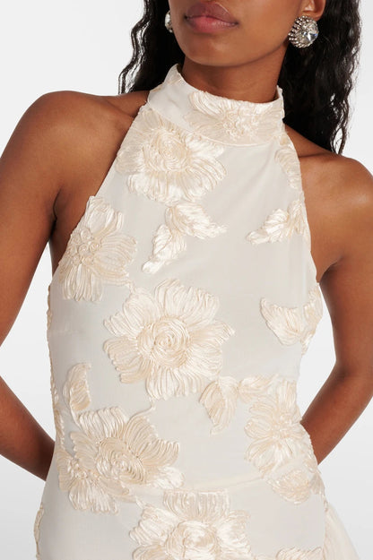 Liora — Floral Appliqué Maxi Dress with Sheer Layers