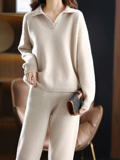 Liora — Cashmere Blend Polo Knit Two-Piece Set for Comfort
