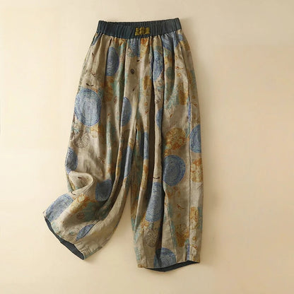 Marnell — Lightweight Linen Floral Pants with Elastic Waistband