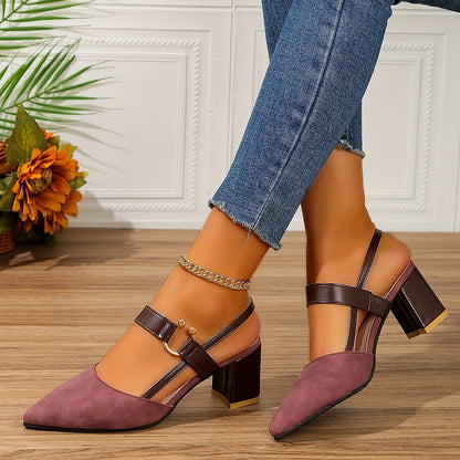 Elara Slingback Heels — Double Strap Pointed Toe Block Heel with Gold Detail
