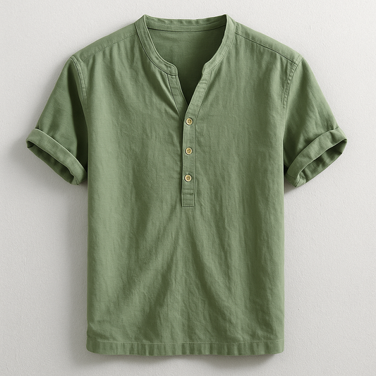 Verno — Linen Cotton Blend Henley Shirt with Tailored Fit