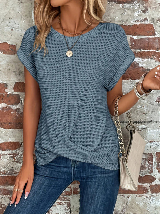 Liora Twist-Front Top — Women's Soft Knit Waffle Shirt with Sculpted Hem