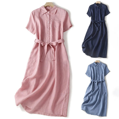 Liora Linen Dress — Breathable Collared Midi with Adjustable Belt