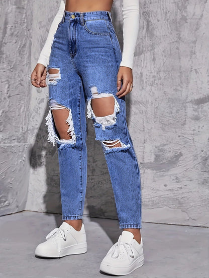 Maren Distress — High-Rise Straight Leg Denim Jeans