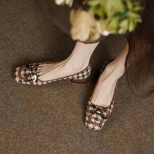 Blakewood Loafers — Houndstooth Tweed Shoes with Gold Buckle and Low Heel