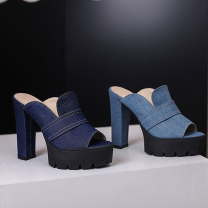 Norla Chunky Heel Denim Sandals — Raw Denim Open-Toe Comfort Heels