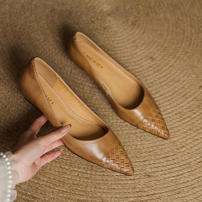 Emara Woven Leather Pumps — Genuine Leather Pointed Toe with Comfortable Wedge Heel