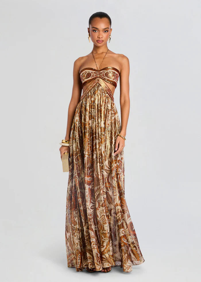 Elara — Boho Paisley Maxi Dress with Twist-Front Bandeau