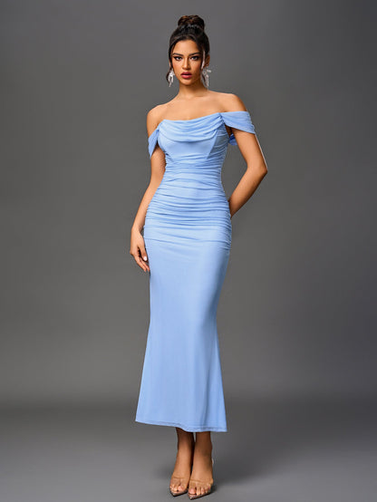 Vexira Off Shoulder Ruched Zipper Back Bodycon Dress