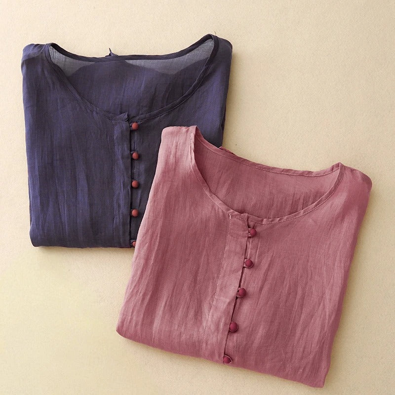 Norla — Lightweight Linen Blouse with Soft Pleats and Fabric Buttons