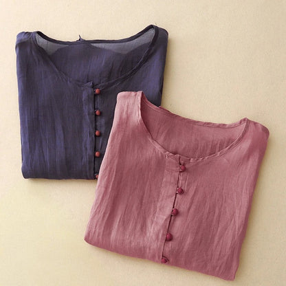 Norla — Lightweight Linen Blouse with Soft Pleats and Fabric Buttons