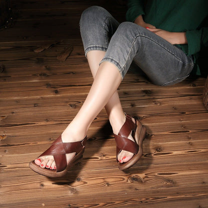Kintara Wedge Sandals Khaki/Coffee Leather Platforms X-Strap Sandals