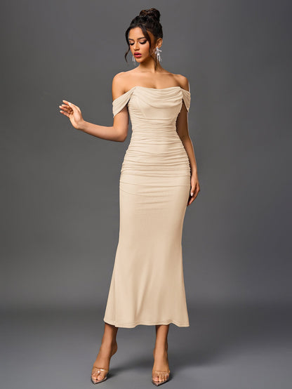 Vexira Off Shoulder Ruched Zipper Back Bodycon Dress