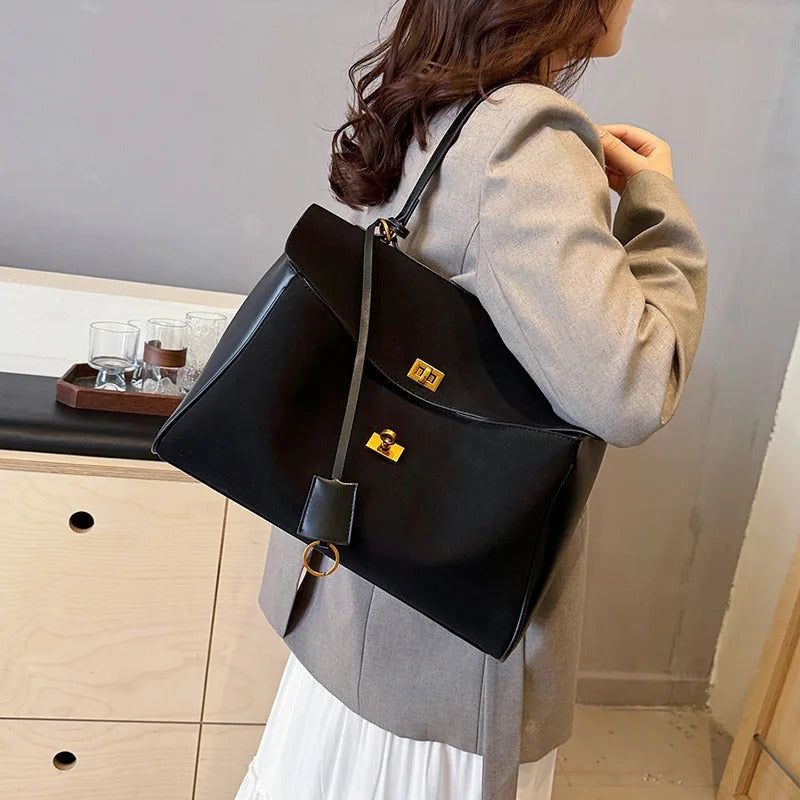 Liora Tote — Faux Suede Shoulder Bag with Turn Lock Closure