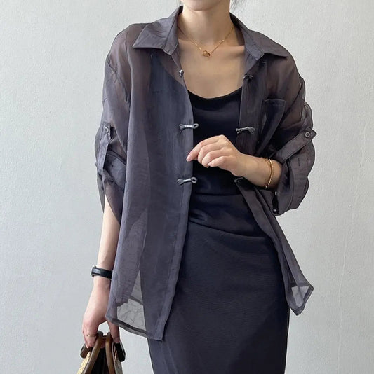 Jorenia — Lightweight Chiffon Wrap Shirt with Frog-Knot Front