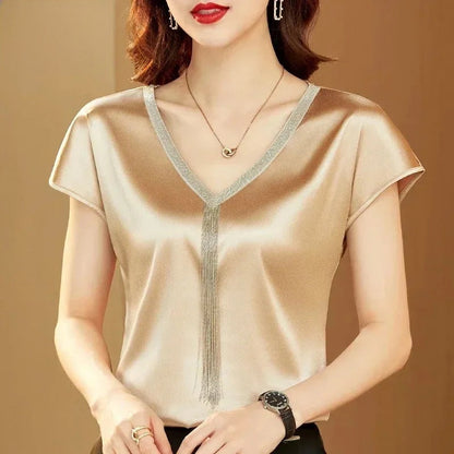 Celestea — Satin Blend V-Neck Dress with Fringe Detail