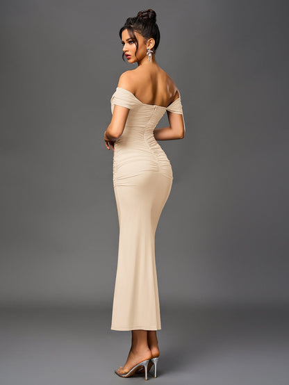 Vexira Off Shoulder Ruched Zipper Back Bodycon Dress