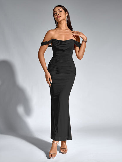 Vexira Off Shoulder Ruched Zipper Back Bodycon Dress
