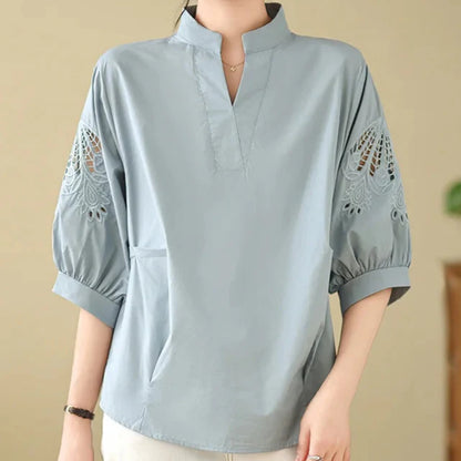 Celinora — Soft Linen Blend Floral Sleeve Top with V-Notch Neckline