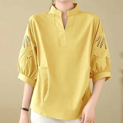Celinora — Soft Linen Blend Floral Sleeve Top with V-Notch Neckline