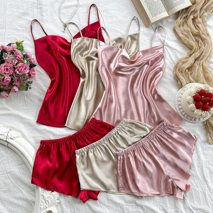 Eloria — Satin 3-Piece Pajama Set with Cowl-Neck Cami