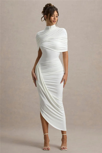 Arlenza — Backless Maxi Dress with Ruched Waist and Turtleneck