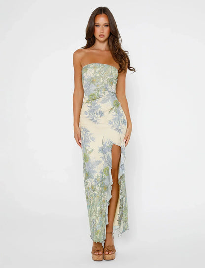 Elara Maxi Dress — Strapless Floral Ruched Dress with Ruffle Slit