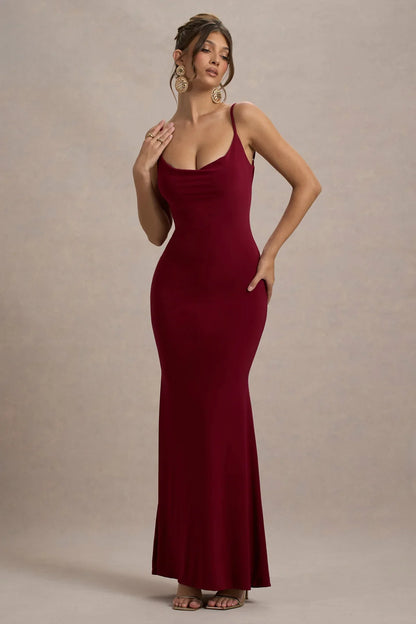 Evrenna — Elegant Lace-Back Cowl Neck Maxi Dress for Formal Events