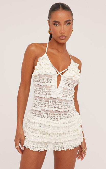 Eloria — Cream Textured Mini Dress with Halterneck Frills