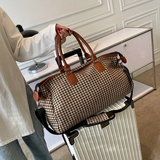 Lorian Weekender — Durable Houndstooth Canvas Travel Bag with Vegan Leather Trim