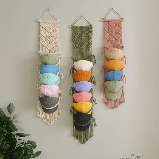 Soren Macrame Organizer — Handcrafted Boho Hat Storage with Tassel Accents