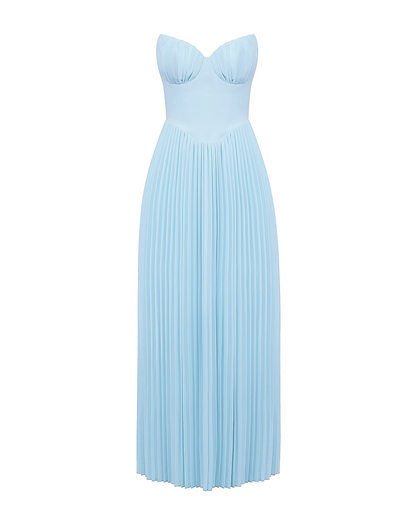 Erisca — Ocean Blue Pleated Maxi Dress with Structured Bodice