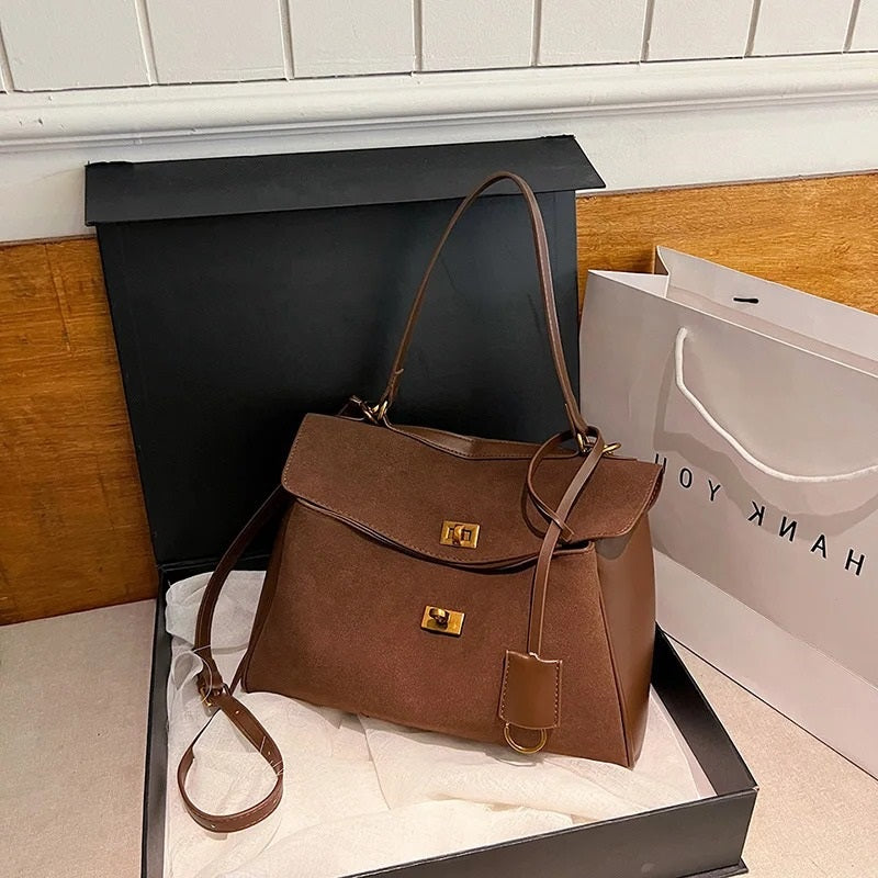 Liora Tote — Faux Suede Shoulder Bag with Turn Lock Closure