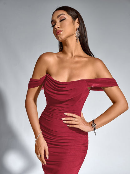 Vexira Off Shoulder Ruched Zipper Back Bodycon Dress