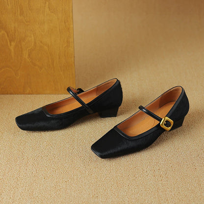 Embera — Genuine Horsehair Square-Toe Pumps with Low Block Heel