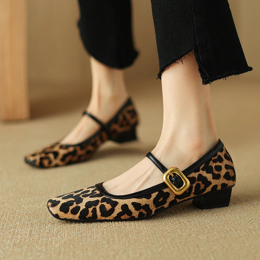 Embera — Genuine Horsehair Square-Toe Pumps with Low Block Heel