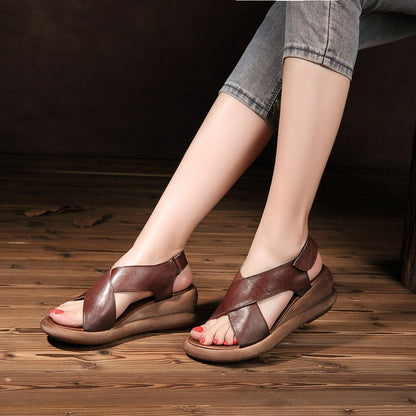 Kintara Wedge Sandals Khaki/Coffee Leather Platforms X-Strap Sandals