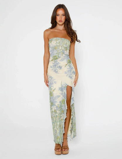 Elara Maxi Dress — Strapless Floral Ruched Dress with Ruffle Slit