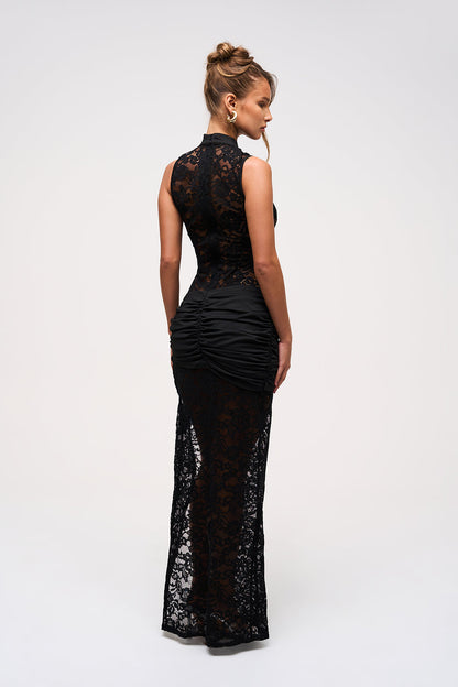 Arida — Elegant Thigh-High Lace Maxi Dress with Gold Accents
