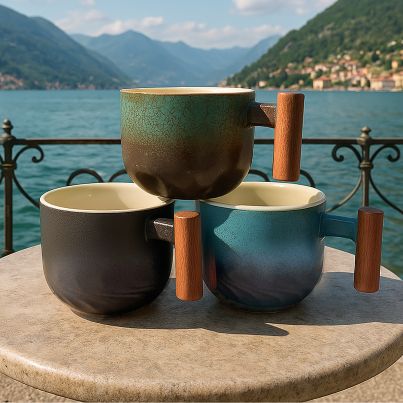 Liora — Vintage Ceramic Coffee Cup with Wooden Handle for Cappuccinos