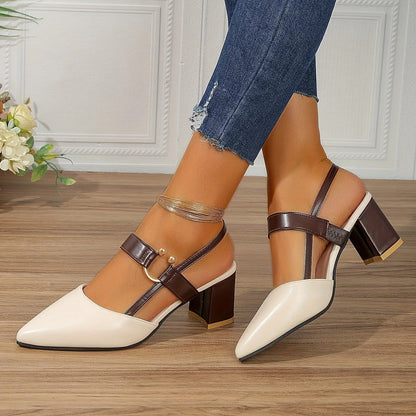 Elara Slingback Heels — Double Strap Pointed Toe Block Heel with Gold Detail